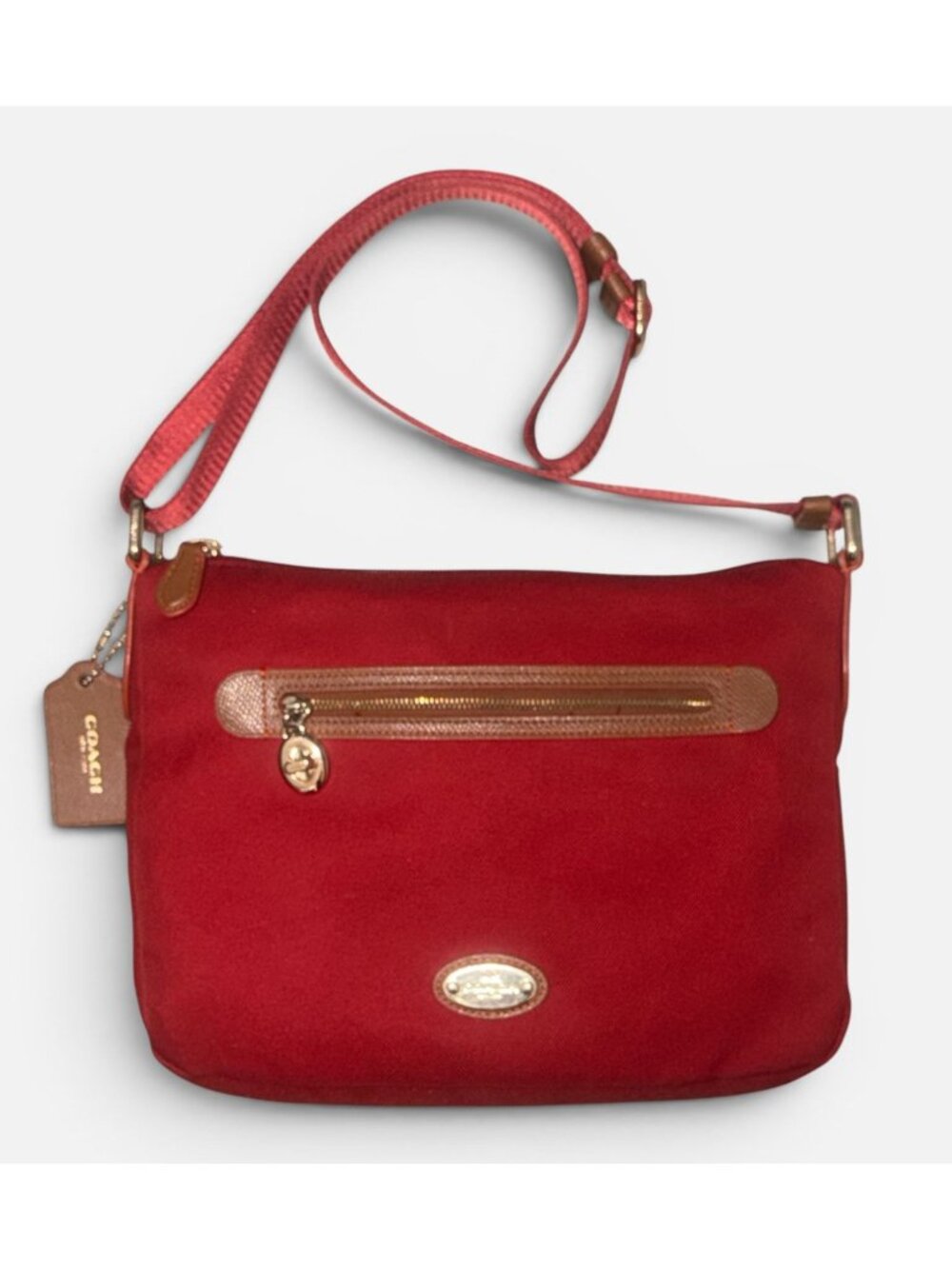 Coach Sawyer Crossbody F37239 Red Poly Twill Saddle Leather Trim Convertible Bag - Picture 4 of 9
